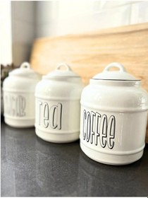 Resim 3lü Seramik Sugar Tea Coffee Kavanoz Seti Kapaklı Tezgah Üstü Saklama Kavanozu 1400 Ml Beyaz 