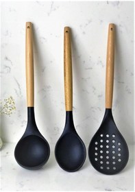 Resim Morponi 3'lü Bambu Saplı Silikon Mutfak Seti Kaşık Kepçe Kevgir Siyah 