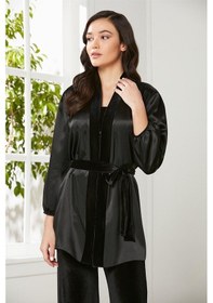 Resim Pierre Cardin 2050 Kadın Kadife Saten Sabahlıklı Pijama Takım-siyah Siyah 