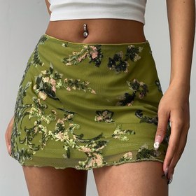 Resim Kadınların Yeşil Payet Süslemeli Mini Etek - Yüksek Bel, Esnek Polyester Karışımı, Yaz Partileri ve Rahat Kıyafetler için Mükemmel, Sevimli Etekler, Parti Giyim, Yüksek Bel Etek, Payet Detay 