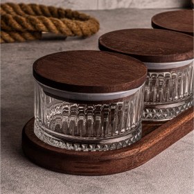 Resim Snippy Bella 5 Parça Tepsili Ahşap Vakumlu Kapaklı Cam Kahvaltılık Çok Amaçlı Cam Çerezlik 235 ml 