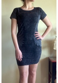 Resim Mia Butik Kadın Önü Yazılı Taşlarla Süslenmiş Siyah Elbise-670 Siyah 