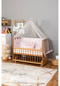 Resim Ahşap Beşik Anne Yanı Beşik Doğal Vernikli 60x120 - Pembe Prenses Kız Uyku Seti Yatak Ahşap 