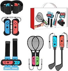 Resim INFURIDER Zubehör-Kit Kompatibel für Nintendo Switch,Switch Accessories Bundle mit Joy Con Controller-Griffen,Zubehör Set mit Mario Golf Club/ Tennisschlägern/ Verstellbarer Armbänder und Beingurt 