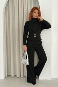 Resim MAİMODA Modal Kemerli Şık Fermuarlı Baggy Eşofman Takımı / Modal Belted Elegant Zippered Baggy Tracksuit Set 