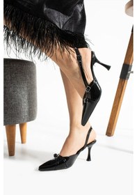 Resim Albishoes Çift Toka Detaylı Arkası Açık Rugan Sivri Burun 8 Cm Ince Topuklu Stiletto Kadın Ayakkabı Siyah 