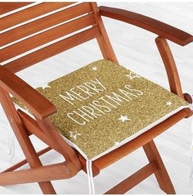 Resim RealHomes Gold Zeminde Merry Christmas Yazılı Dijital Baskılı Modern Fermuarlı Sandalye Minderi 
