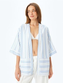 Resim Koton Viskon Karışımlı Cepli 3/4 Geniş Kol Çizgili Kimono Mavi Çizgili 5sak50067uw Mavi 