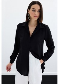 Resim Sateen Düz Klasik Gömlek - Siyah-123675 Siyah 