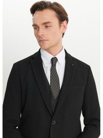 Resim AC&Co / Altınyıldız Classics Erkek Siyah Antrasit Slim Fit Dar Kesim Mono Yaka Balıksırtı Desenli Kapak Cepli Yelekli Takım Elbise Siyah Antrasit Siyah 