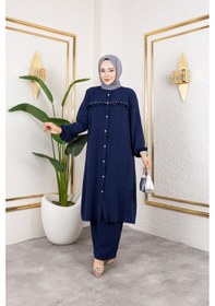 Resim Nevayla Moda Ayrobin Kumaş İnci Detaylı Takım / T105 - Lacivert Lacivert 