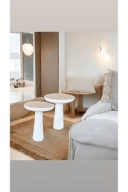 Resim Simillo Home&Living Wood Wooden Ahşap 2’li Set Fitilli Mantar Beyaz Yan Sehpa Modern Fiskos / Çiçeklik 