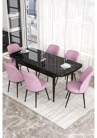 Resim Canisa Kor Serisi, Siyah Mermer Desen 70x114 Açılabilir Yemek Masası Takımı, 6 Sandalye Masa Siyah Mermer Desen Sandalye Pembe 
