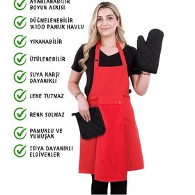 Resim Star Ayar Askılı Havlulu 4lü Mutfak Önlüğü Seti Eldiven Tutacak Kırmızı-kırmızı-siyah 