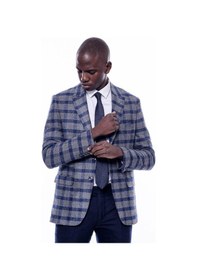 Resim Wessi Ekose Sivri Yaka Slim Fit Mavi Erkek Ceket - Wessi Mavi 