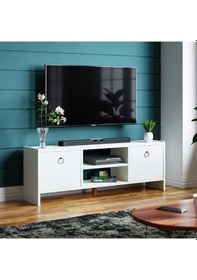 Resim Tv Sehpası Kapaklı Raflı Tv Ünitesi Televizyon Sehpası Beyaz 