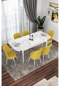 Resim Canisa Concept Kor Serisi 70x114 Açılabilir Mutfak Masası Takımı Beyaz Mermer Desen Masa 6 Hardal Sandalye Masa Beyaz Mermer Desen Sandalyeler Hardal 