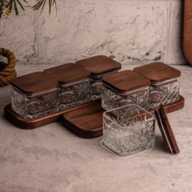 Resim Snippy Milla Kare 8 Parça Tepsili Ahşap Vakumlu Kapaklı Cam Kahvaltılık Çok Amaçlı Cam Çerezlik 230ML 