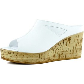 Resim Erkan Saçmacı Drusilla Beyaz Hakiki Deri Önü Açık Kesik Detaylı Mantar Taban Görünümlü Dolgu Topuklu Terlik Beyaz 