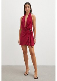 Resim Uterpe Halter Yaka Derin V Dekolteli Mini Elbise Bordo 