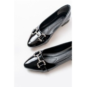Resim Aska Shoes İnf-133 Taşlı Tokalı Günlük Kadın Babet Siyah Rugan 