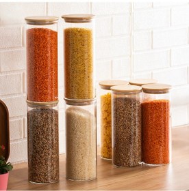 Resim Porsima 418 8li Yuvarlak 1750 Ml Bambu Vakumlu Kapaklı Cam Kavanoz Seti Saklama Kabı 10x25cm Şeffaf 