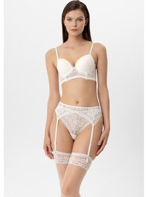 Resim Pierre Cardin 4883 Lingerie Kadın Milan Push Up Dantelli Jartiyer Çorap Sütyen Takım Ekru 