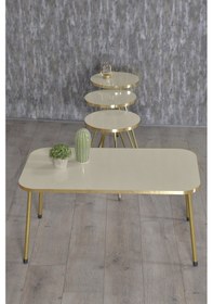 Resim Zigon Sehpa Ve Orta Sehpa Kr Gold Metal Ayak Gold Krem Set 