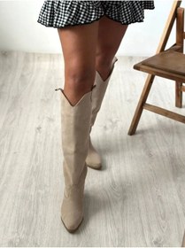 Resim Genel Markalar Bej Süet Western Tarzı Dizaltı Uzun Kadın Çizme - 2024 Yeni Sezon Şıklığı 