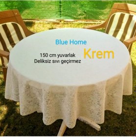 Resim Yuvarlak Dantel Görünümlü Pvc Muşamba Mutfak Masa Örtüsü Sıvı Geçirmez Silinebilir /ebat: 150 Cm Krem Krem 