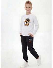 Resim Panios Kids Yuvarlak Yaka Sweatshirt Paça Lastikli Eşofman Alt Baskılı Uzun Kollu Erkek Çocuk Alt Üst Takım Beyaz 