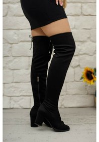 Resim Nstil Günlük Siyah Streç Çorap Süet Kalın Topuk Diz Üstü Kadın Çizme Fermuarlı Bağcıklı Dizüstü Bot 173 Siyah 