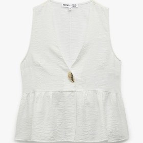 Resim Koton Koton X Melis Ağazat - Deniz Kabuğu Aksesuar Detaylı V Yaka Kolsuz Peplum Bluz Beyaz Desenli 5sak60383pw Beyaz Desenli 