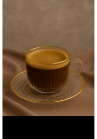 Resim Elta Collection Gold Yaldızlı 6 Lı Cam Kahve Takımı Şık Ve Modern Tasarım Çizgili Gold 
