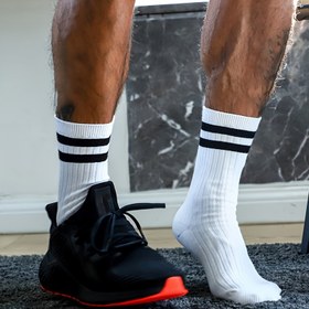 Resim 6 Çift Erkeklerin Trendy Çizgili Crew Çorapları, Erkeklerin Tüm Mevsimlerde Giyebileceği Nefes Alabilen Rahat Günlük Unisex Çorapları 