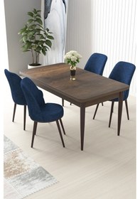 Resim Canisa Concept Nil Serisi Barok Ahşap Desenli Sabit Yemek Masa&mutfak Masası +4 Lacivert Sandalye Lacivert 