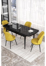 Resim Canisa Concept Kor Serisi, 70x114 Açılabilir Yemek Masası Takımı, Siyah Mermer Desen Masa Ve 4 Hardal Sandalye Masa Siyah Mermer Desenli Sandalyeler Hardal 