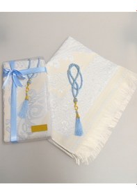 Resim Kişiye Özel Pamuk Dokulu Seccade Ve İnci Tesbih Özel Hediye Seti Mavi 