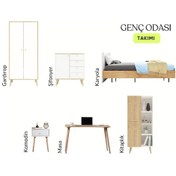Resim Floradesign Genç Odası Takımı Gardırop + Karyola + Şifonyer + Komodin + Çalışma Masası + Kitaplık Meşe + Beyaz Meşe - Beyaz 