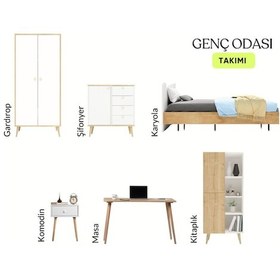 Resim Floradesign Genç Odası Takımı Gardırop + Karyola + Şifonyer + Komodin + Çalışma Masası + Kitaplık Meşe + Beyaz Meşe - Beyaz 
