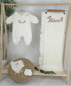 Resim Gros Shop Müslin Yeni Doğan 4katlı Organik %100pamuk Kişiye Özgü Nakışlı Hastane Çıkış Seti Güllü Mode-3 Ekru-2 