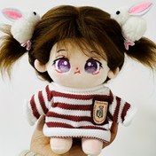 Resim 20cm Kahverengi Uzun Saçlı Peluş Oyuncak, Çizgili Kazak & Pembe Etek Kıyafeti, Sevimli Tavşan Kulakları & Püsküllü Saçlar, Arkadaşlar İçin Mükemmel Hediye, Polyester Malzeme, Oyuncak Aksesuarları 