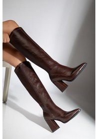 Resim Gemma Topuklu Streç Deri Çizme Kahve-44946 