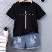 Resim Gençler İçin Kısa Kollu "CALIFORNIA" Baskılı Yuvarlak Yaka Tişört, Üst Giyim, Günlük Moda Stili 