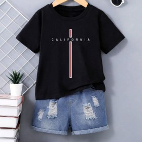 Resim Gençler İçin Kısa Kollu "CALIFORNIA" Baskılı Yuvarlak Yaka Tişört, Üst Giyim, Günlük Moda Stili 