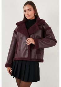 Resim Lela Oversize Kruvaze Yaka Peluş Detaylı Suni Deri Biker Ceket Bayan Mont 6810247 Bordo 