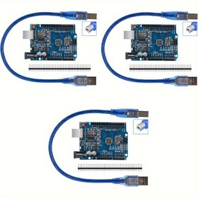 Resim 3 adet Arduino UNO R3 Geliştirme Kartı, ATmega328P-AU Mikrodenetleyici, CH340G Gelişmiş Sürüm, Arduino IDE ile Uyumlu, USB Kablosu ve 2,54 mm Düz Pim Başlıkları, PCB Montajı, Bakır Temas, Hızlı Bağlantı, 36V Maksimum Güç Kaynağı, Pil Dahil Değil 