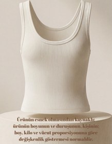 Resim Premium Fitilli Pamuklu Esnek Kumaş Ekru Kadın Crop Atlet - U Yakalı Spor ve Şık Basic Bluz - Yumuşak Dokulu Slim Fit Yazlık Üst 
