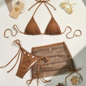 Resim Tek Renkli File Bikini Takımı, Kabuk Süslemeli, Üçgen Bağcıklı Yaka, Yarı Şeffaf Kalça Eteği, Plaj Tatili için Seksi Yüksek Esneklik! 