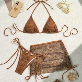 Resim Tek Renkli File Bikini Takımı, Kabuk Süslemeli, Üçgen Bağcıklı Yaka, Yarı Şeffaf Kalça Eteği, Plaj Tatili için Seksi Yüksek Esneklik! 